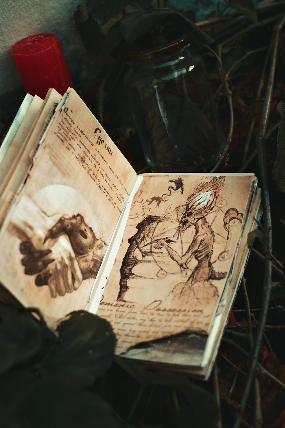 An open antique book displaying mythical drawings on a vine-covered surface.